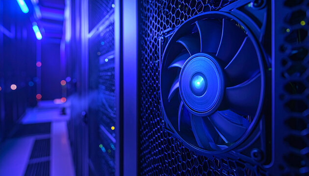 Server Cooling Fan with Blue Light: A close-up of a server room cooling fan with blue LED lights, highlighting the technological infrastructure and cooling system of data centers.