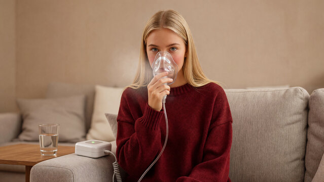Woman using nebulizer mask on couch, respiratory healthcare and asthma treatment