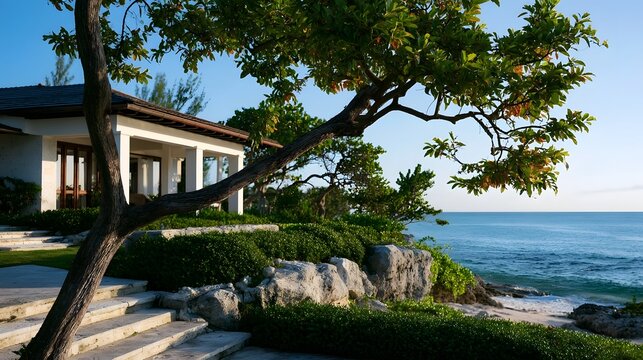 A serene oceanfront villa nestled among lush greenery and mature trees  with stone pathways leading to the beach
