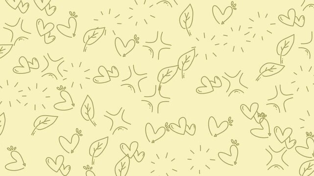 Seamless pattern background featuring hand drawn hearts, leaves and sparkling stars in soft yellow.
