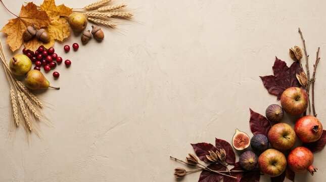 Fall seasonal harvest frame with autumn leaves pears wheat acorns and pomegranate on neutral concrete textured backdrop.