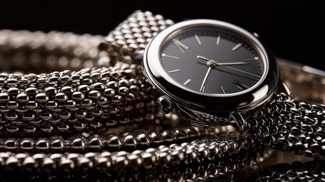 Close-up of elegant silver wrist watch with black face resting on polished metal bead chain luxury timepiece precision detail