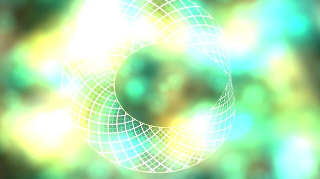 Abstract glowing geometric wireframe torus rotating over green bokeh background loop