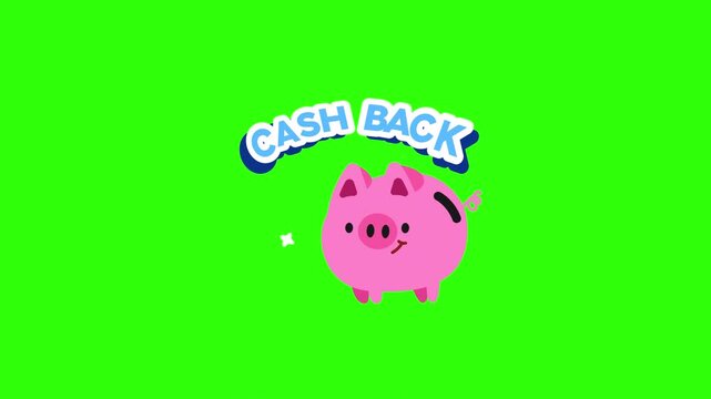 Animated cash back piggy bank sticker with a pink piggy swallowing a gold coin and a CASH BACK headline for fintech loyalty and savings promos