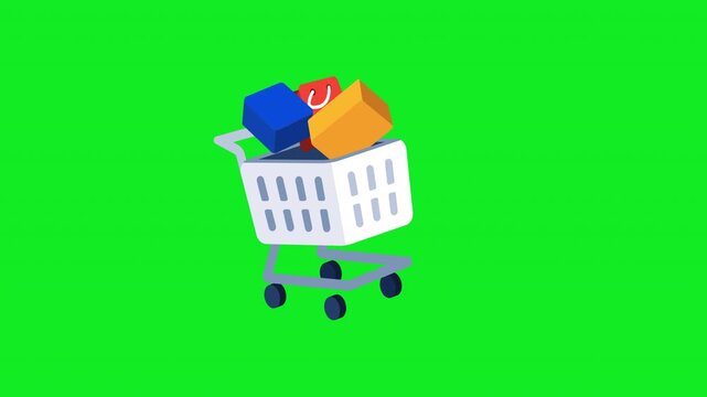 Animated shopping cart sticker with a trolley full of parcels and a shopping bag rolling in for ecommerce checkout grocery and retail sale promos