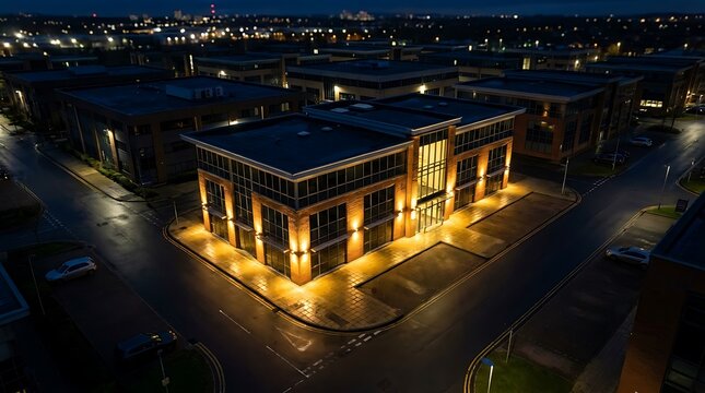 A commercial office building funded through a 504 loan stands illuminated at night in an industrial park