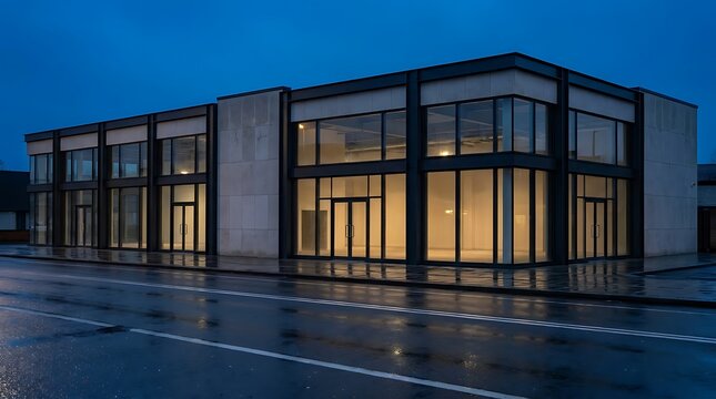 Commercial real estate funded through a 504 loan featuring a modern empty storefront building at dusk