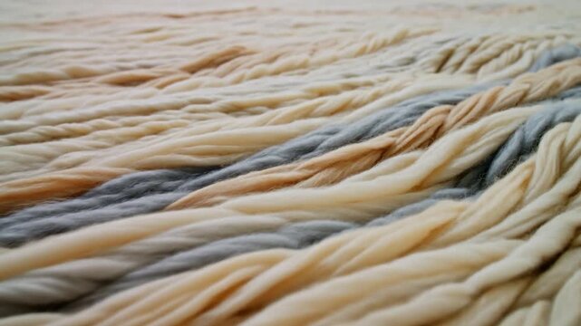 Chunky Knitted Wool Yarn Texture with Soft Beige and Blue Strands Up Close