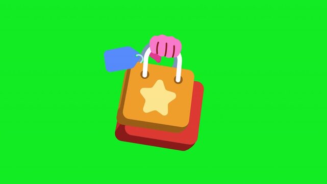Animated shopping bags sticker with a hand carrying two paper bags and a swinging blue price tag for retail sale delivery and checkout promos