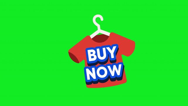 Animated buy now sticker with a red t shirt swinging on a hanger and a BUY NOW call to action for fashion apparel sales and checkout graphics