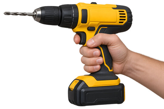 A hand holding a yellow cordless power drill png file isolated on transparent background