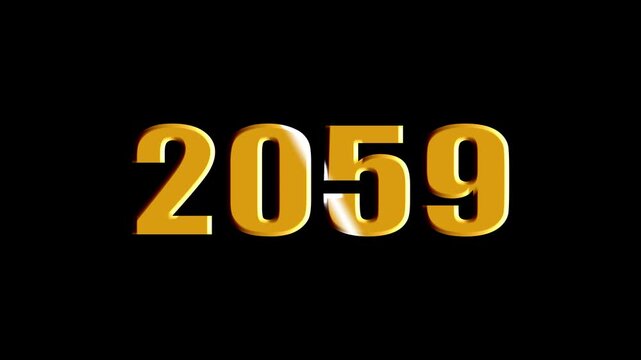Year 2059 Scaling Text Animation with Bevel and Light Sweep Effect on Black Background.