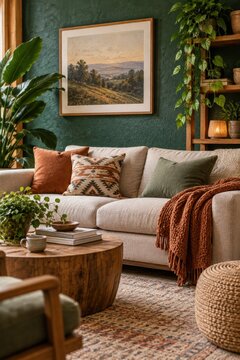 Cozy living room with green walls and abundant houseplants