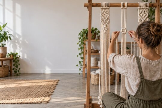 Woman knotting a macrame panel on a wooden frame