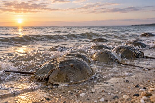 Horseshoe crabs at the shoreline during sunset