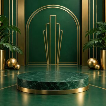 Green marble display podium in an art deco interior