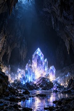 Glowing blue crystals reflected in a dark cavern pool