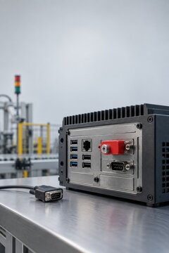 Rugged industrial computer with connection ports on a workbench
