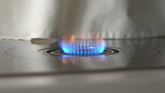 Blue gas stove burner burning steadily on a reflective kitchen cooktop