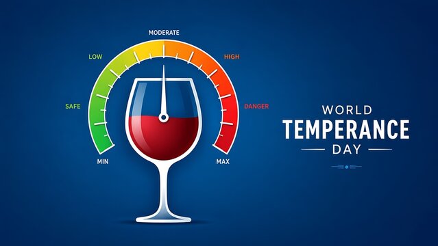 World Temperance Day concept with wine glass and risk level speedometer gauge graphic on blue background