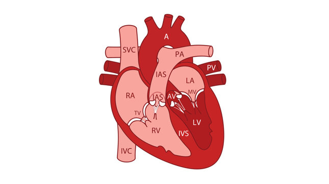 An anatomical illustration of the human heart, highlighting its chambers and major vessels, with labels indicating different parts.