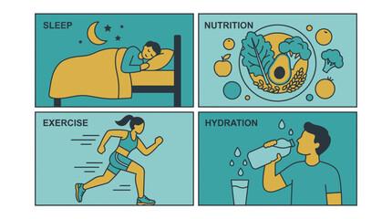 Fototapeta premium Four panels illustrating the essentials of a healthy lifestyle: sleep, nutrition, exercise, and hydration. Each panel is depicted with simple.
