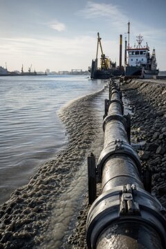 Large dredging pipeline running along a harbor shoreline