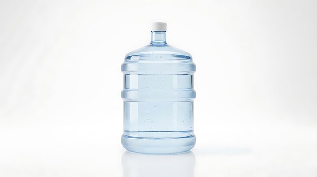 A clean blue 5 gallon water jug standing upright on a white studio background for hydration