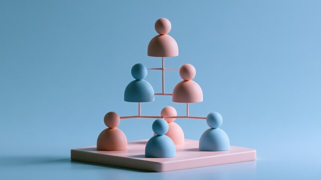 Strategic planning symbolic people distribution organizational chart business modeling management process visual communication flat design side view consulting theme 3D render colored pastel. 