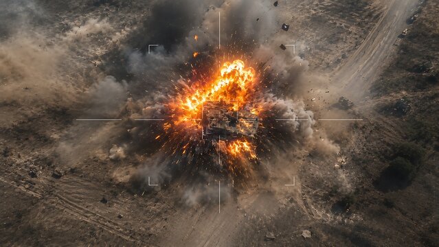 A targeted drone view captures a massive fiery explosion impacting an armored target across an open, hazy combat landscape.