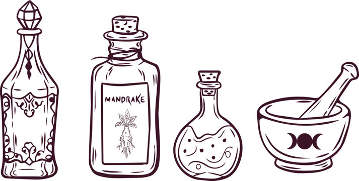 Witchcraft potion bottles and mortar pestle set vector. Hand drawn magic spell jars and mandrake elixir.
