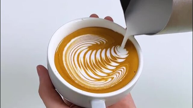Barista Pouring Swan Latte Art in White Ceramic Cup