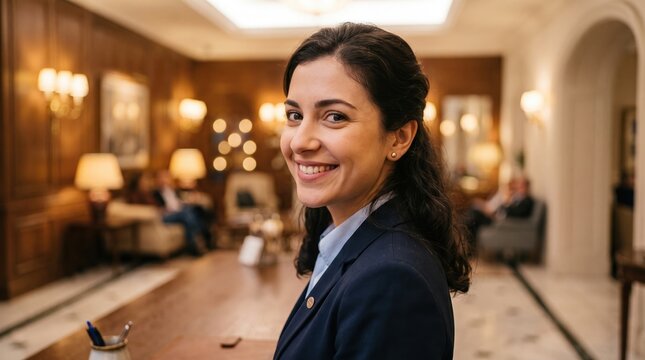Smiling professional woman at hotel reception desk greeting guests warmly