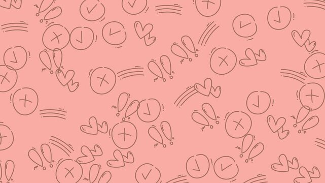 Seamless pattern with hand drawn hearts and check marks on a soft pink background.