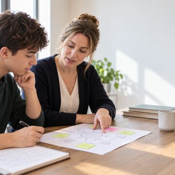 Teacher helping a student organize ideas on paper