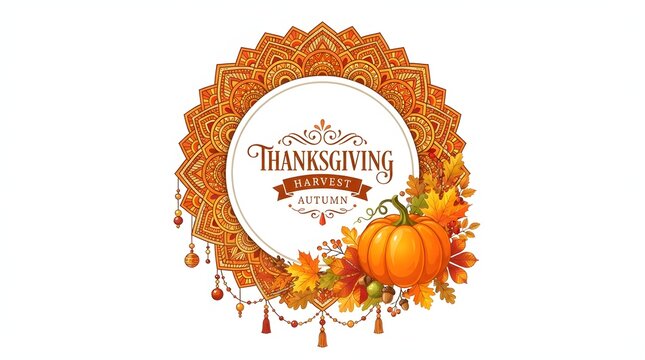 Festive happy thanksgiving watercolor wreath with autumn leaves and pumpkin illustration