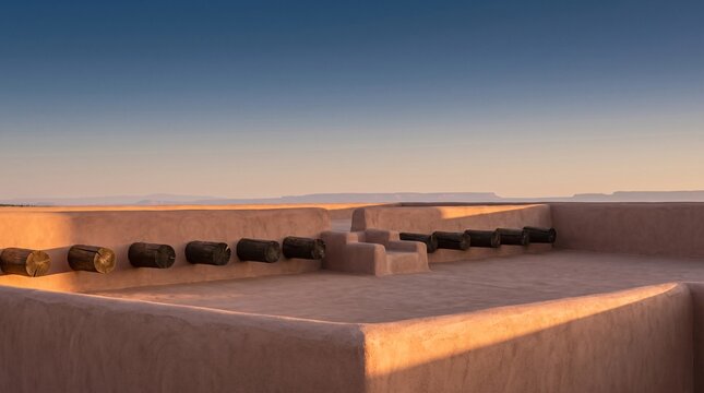 Santa Fe adobe flat rooftop with hand sculpted parapet walls wooden vigas beam ends and distant mesas at golden hour with desert sky copy space in banner layout