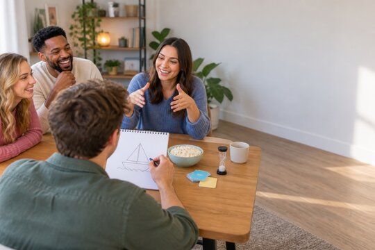 Friends playing a drawing guessing game at a table