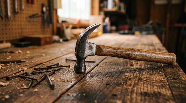 Rustic hammer and nails on wood