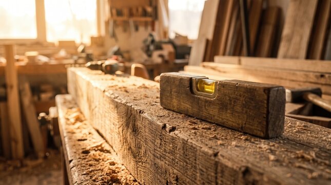 Spirit level on wood in workshop