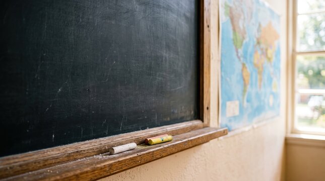 Vintage blackboard with chalk and world map background in classroom