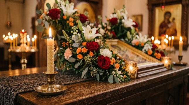 Orthodox altar with icon, flowers, candles