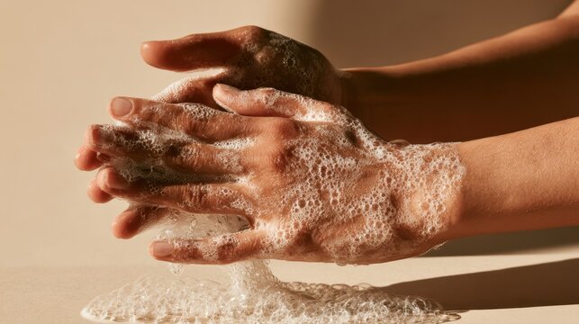 Close-up of hands washing with foamy soap lather on smooth skin under warm natural light on beige background