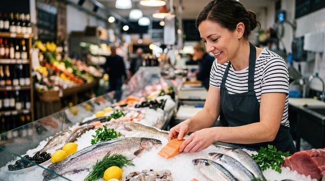 Smiling fishmonger arranging fresh salmon on ice