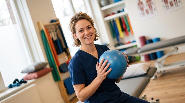 Smiling female therapist holding exercise ball