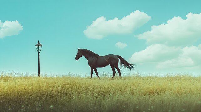 Black horse standing in golden grass under teal sky with lamppost