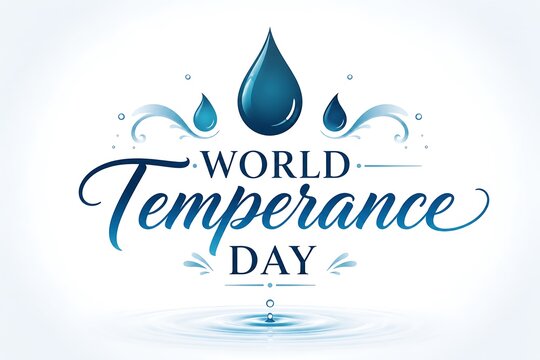 World Temperance Day greeting card design with blue water droplets and elegant calligraphy text