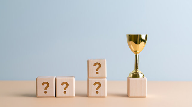 Gold trophy cup placed on top of wooden block next to question mark blocks on blue background, concept of success and mystery win