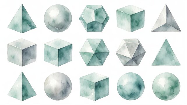 Set of watercolor geometric shapes including cubes spheres pyramids and polyhedrons in pastel colors