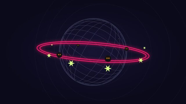 Animated wireframe globe with glowing ring and stars motion loop